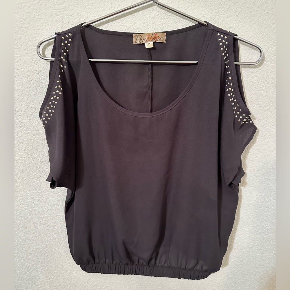 🍩PENELOPE🍩 Brown Cold Shoulder Rhinestone Stud Detail Batwing Top